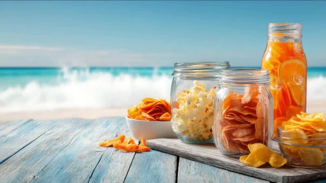 Assorted summer snacks and drinks in jars on a wooden table by the beach Snacks and Drinks to Bring to the Beach concept of summer relaxation