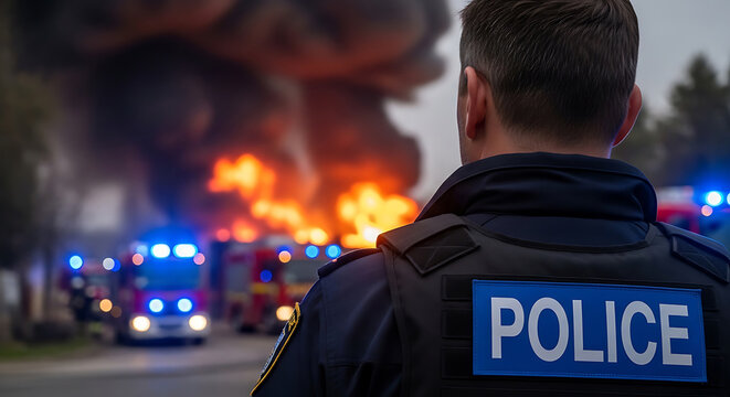 Brave police officer monitoring a massive fire emergency with thick smoke and rescue trucks