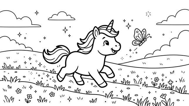 Happy unicorn running through meadow with butterfly for kids coloring page vector illustration