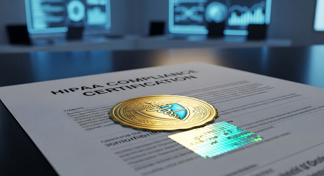 Official HIPAA compliance certification document with a gold medical security seal and holographic stamp on an office desk