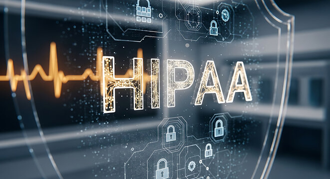 HIPAA compliance and medical data security concept with digital shield ensuring patient privacy through advanced healthcare technology