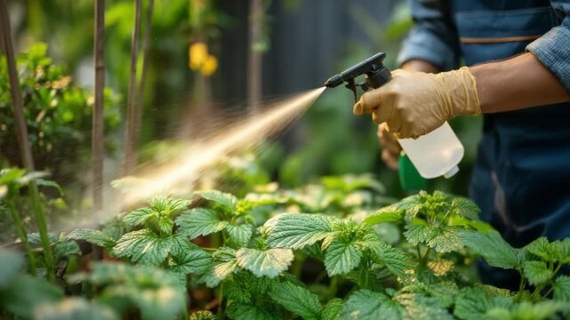 Hand spraying pesticide on green leaves in garden with protective gloves on Organic Pest Control Methods concept of pest control and agriculture care