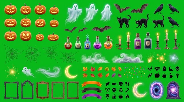 Halloween motion graphics toolkit with animated spooky elements. Vector-based festive assets for video editing and digital design projects.