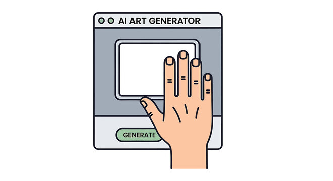 Flat vector illustration of a six fingered hand using an AI art generator interface on a computer screen.