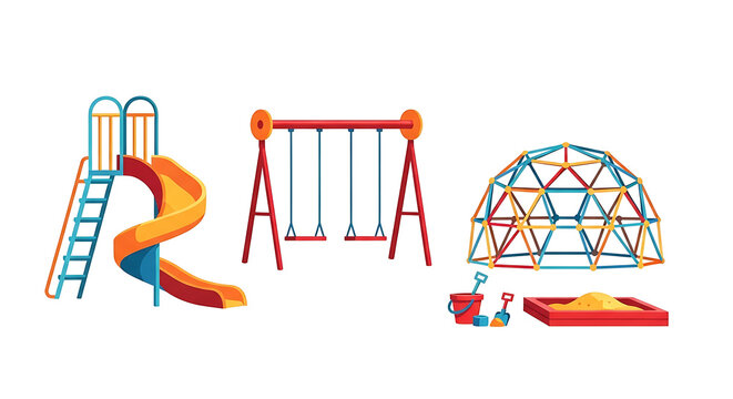 A vibrant playground collection with a spiral slide red swing set and sandbox shown in a flat clipart style for kids