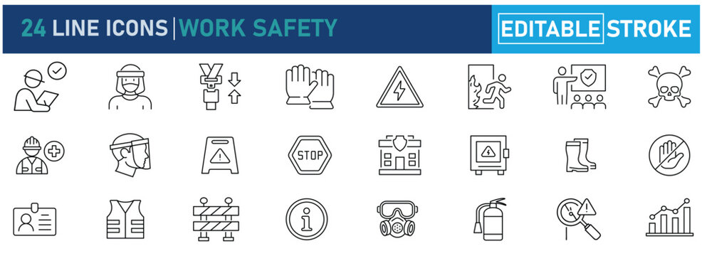 Work Safety Line Icon Set. Contain icons warning, emergency exit,  safety helmet, face shield, respirator, fire extinguisher, first aid, safet, and more. Editable stroke. Vector illustration.