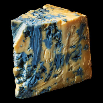Blue veined cheese dorblu isolated on black background with clipping path, concept of natural dairy food and condiment.