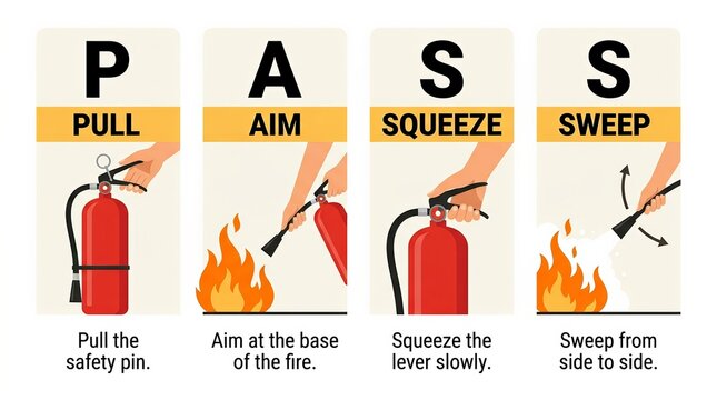 Safety instructions for using a fire extinguisher following the PASS method steps.