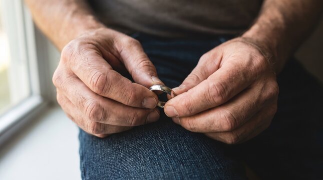 Bereaved man turning a wedding ring between his fingers