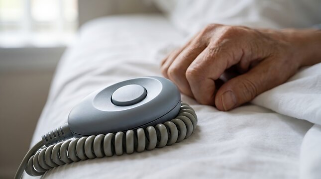 Hospice call button resting beside a patient's hand on a bed