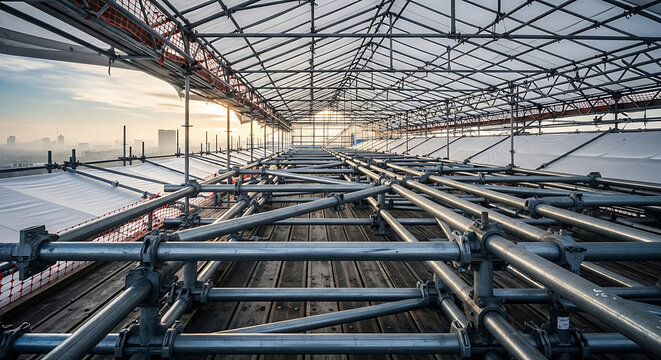 Complex scaffolding at a construction site with metal pipes for an industrial structure urban