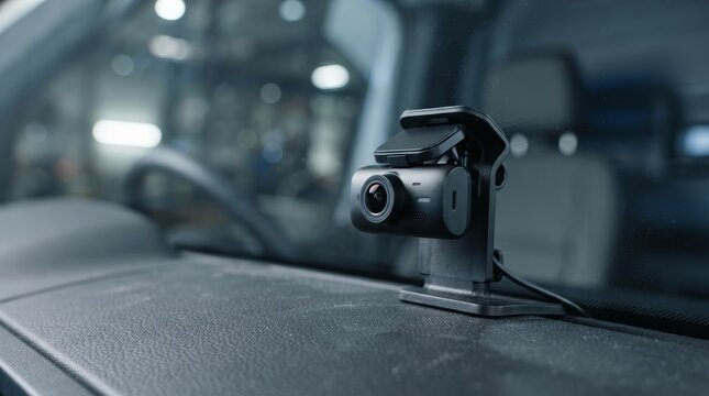 A professional dashcam device attached to a mounting bracket inside a car dashboard.