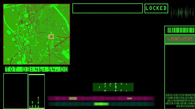 Futuristic HUD interface with digital city map target acquisition and scanning data display.