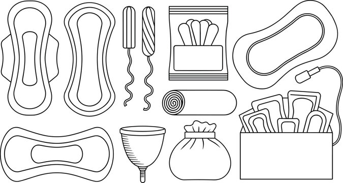 Menstrual hygiene products line vector icon set featuring sanitary pads tampons and menstrual cup on white background