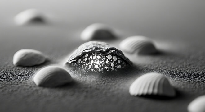 Abstract monochrome shell glowing on an ocean beach sand surface with ethereal light