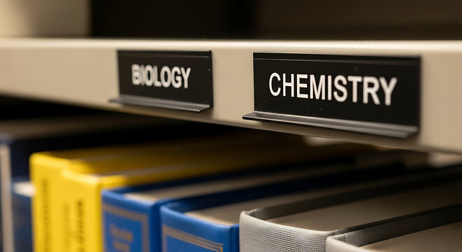 Closeup of chemistry and biology science labels on an organized university library shelf