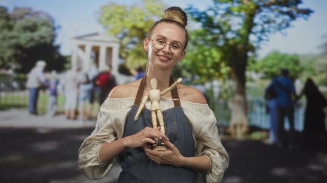 Woman in apron hugging wooden mannequin to bare shoulders and smiling with closed eyes near a building; serenity playfulness.