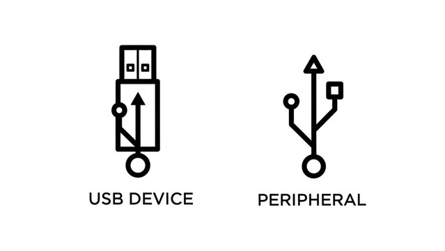Usb device connection and peripheral hardware interface icons with peripheral