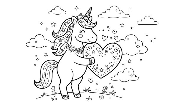 Cute unicorn holding large decorated heart in meadow with clouds and stars line art illustration for children coloring page and creative love theme