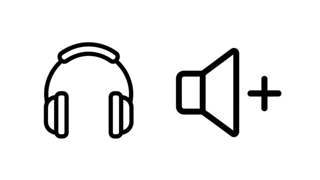 Headphones and volume adjustment audio settings icons with headphones, listening