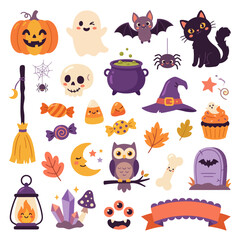 Fototapeta premium Cute Halloween element collection with spooky stickers like ghost, bat, cat, pumpkin, cauldron, and witch hat vector illustration