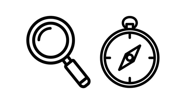 Magnifying glass and compass navigation icons with magnifying, navigation