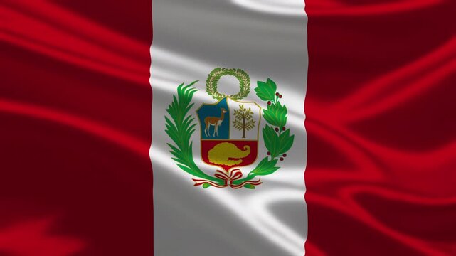 Waving flag of Peru with national coat of arms on a white central stripe and red side stripes, realistic silk fabric animation for national day and patriotic celebrations