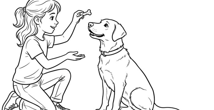 girl, dog, training, pet, puppy, canine, obedience, handler, owner, command, treat, animal, outline, sketch, lineart, handdrawn, contour, black, vector, illustration, isolated, minimal, education, com
