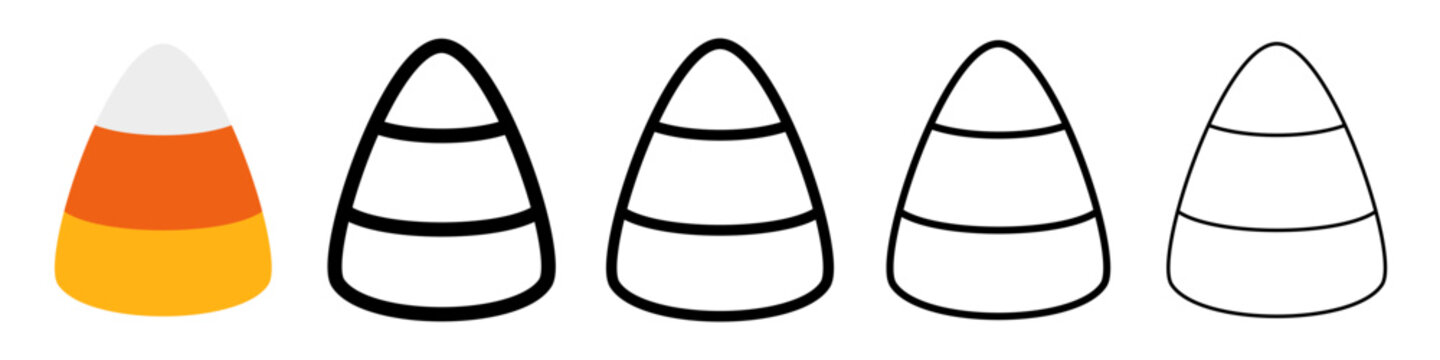 Halloween candy corn icon set in color and line art styles with editable stroke weight on white background. Vector illustration.