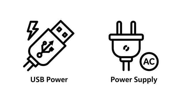 Usb power connection and electric power supply plug icons with electric