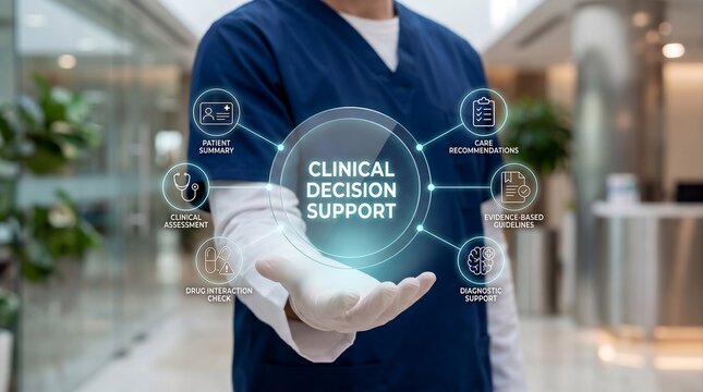 Clinical Decision Support Concept Displayed by Healthcare Professional in Modern Hospital