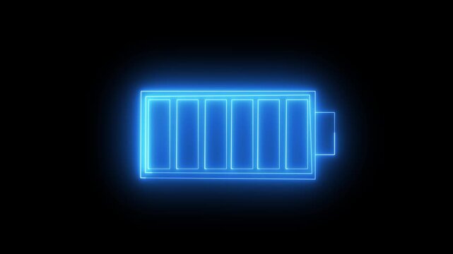 Glow neon battery charging icon animation black background,Charger, running from red low to white and blue full cell phone battery. 4K video animation .