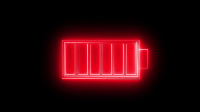 Glow neon battery charging icon animation black background,Charger, running from red low to white and blue full cell phone battery. 4K video animation .