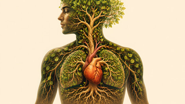 Human Body Anatomy with Heart and Tree Integrated into Circulatory and Nervous Systems for Holistic Health Illustration
