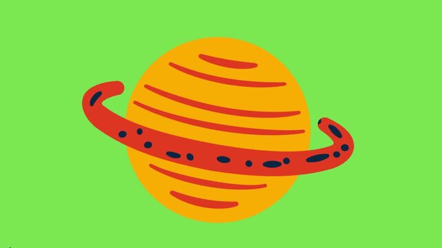 Minimalist cartoon illustration of planet Saturn with rings on a green background