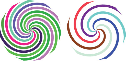 Naklejka premium Psychedelic spiral sunburst vector set, colorful hypnotic swirl patterns, circular optical illusion graphics for retro poster design