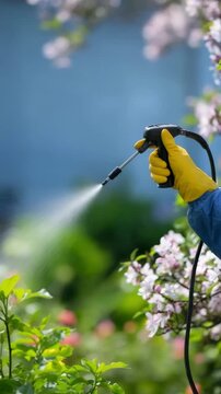 Hand spraying pesticide on green leaves in garden with protective gloves on Organic Pest Control Methods concept of pest control and agriculture care