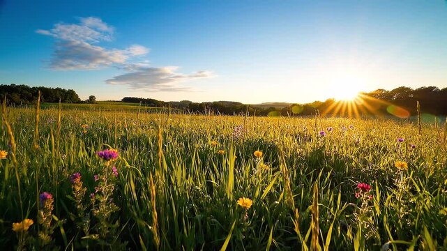 Golden sunlight illuminates a vibrant wildflower meadow during a peaceful summer sunset, creating a serene countryside landscape with warm natural light and a clear blue sky.