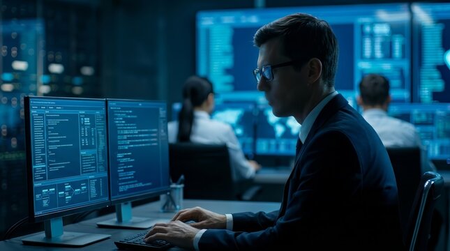 A professional security analyst monitoring network security alerts on several computer screens.