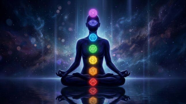 Seven glowing chakras aligned on a faceless person in a meditative yoga pose.