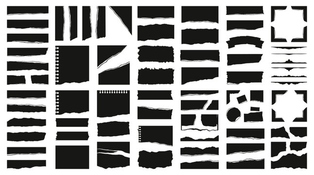 Set of torn paper frame borders and ripped edge strips vector graphics for creative design scrapbooking and artistic photo mounting isolated on white background.