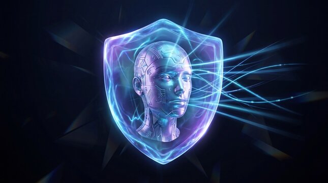 A futuristic digital shield enveloping a holographic head, symbolizing cybersecurity and artificial intelligence.