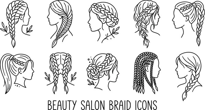Beauty Salon Braid Icons Set with Braided Hairstyles Crown Braids Ponytails Cornrows and Fishtail Line Art Avatars for Hair Stylist Branding Vector