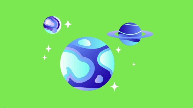 Minimalist vector illustration of colorful stylized space planets and stars on bright green background