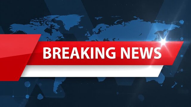 Dynamic Breaking News broadcast banner animation with bold red and white lower-third graphics over a dark blue world map background, ideal for television news intros, live broadcasts, headlines,