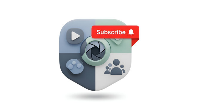 3D rendering of social media app icons featuring camera video play people and gaming controllers with subscribe button overlay