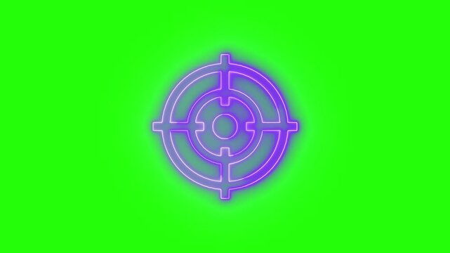 Glowing neon target animation pulses on vibrant green screen. Glowing neon light target icon animation.  Military training, Military target icon animation on black background. Crosshair, gun aim