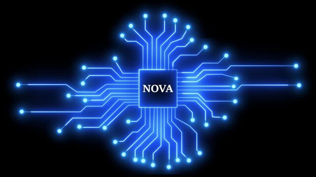 A motion graphic animation of a nova text with a circuit board and microchip processor on a black background.