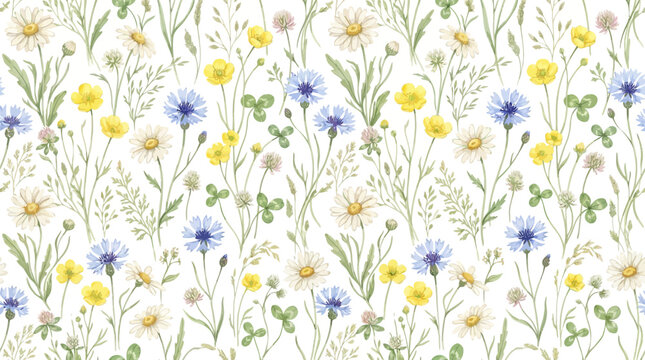 Watercolor wildflowers seamless pattern of daisies, cornflowers and buttercups