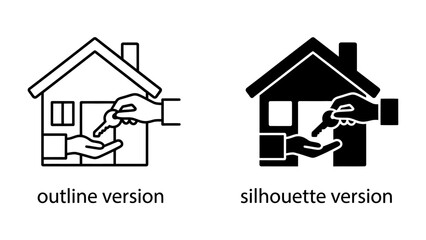 Fototapeta premium Handing Over the Key: Two hands exchange a house key, symbolizing ownership transfer and new beginnings with a graphic representation of a home.